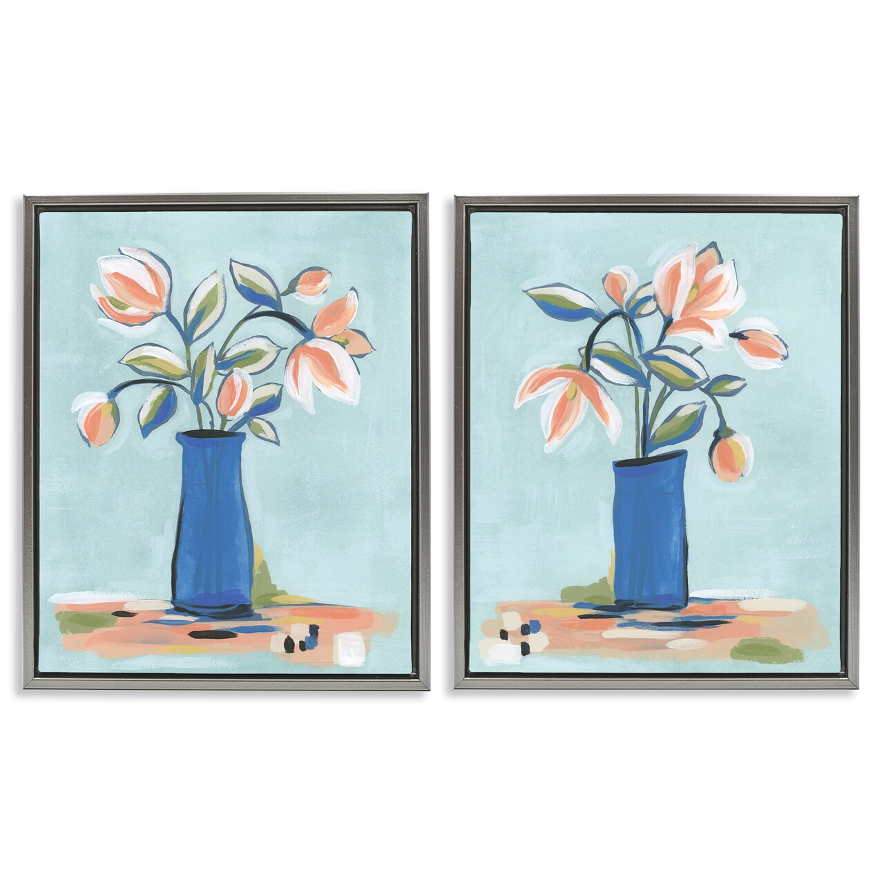 Stupell Industries Blue & Peach Flowers 2pc Floater Framed Canvas Wall Art Set Design by June Erica Vess